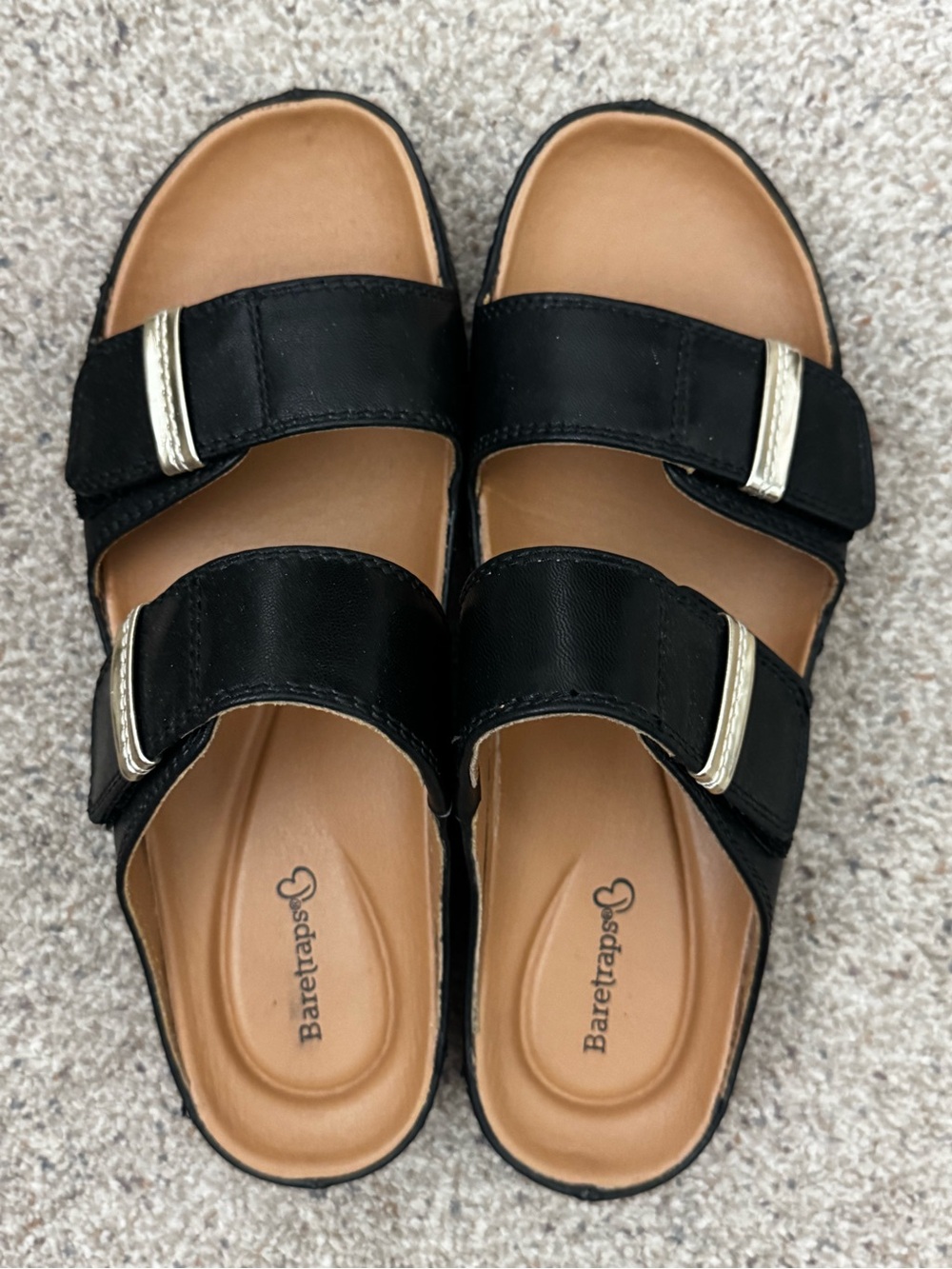 BareTraps Black Double-Strap Slide Sandals with Gold Accents